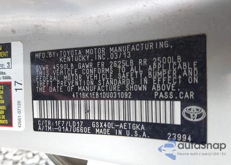 2013 Toyota Avalon Xle z USA, uszkodzony, nr VIN 4T1BK1EB1DU031092